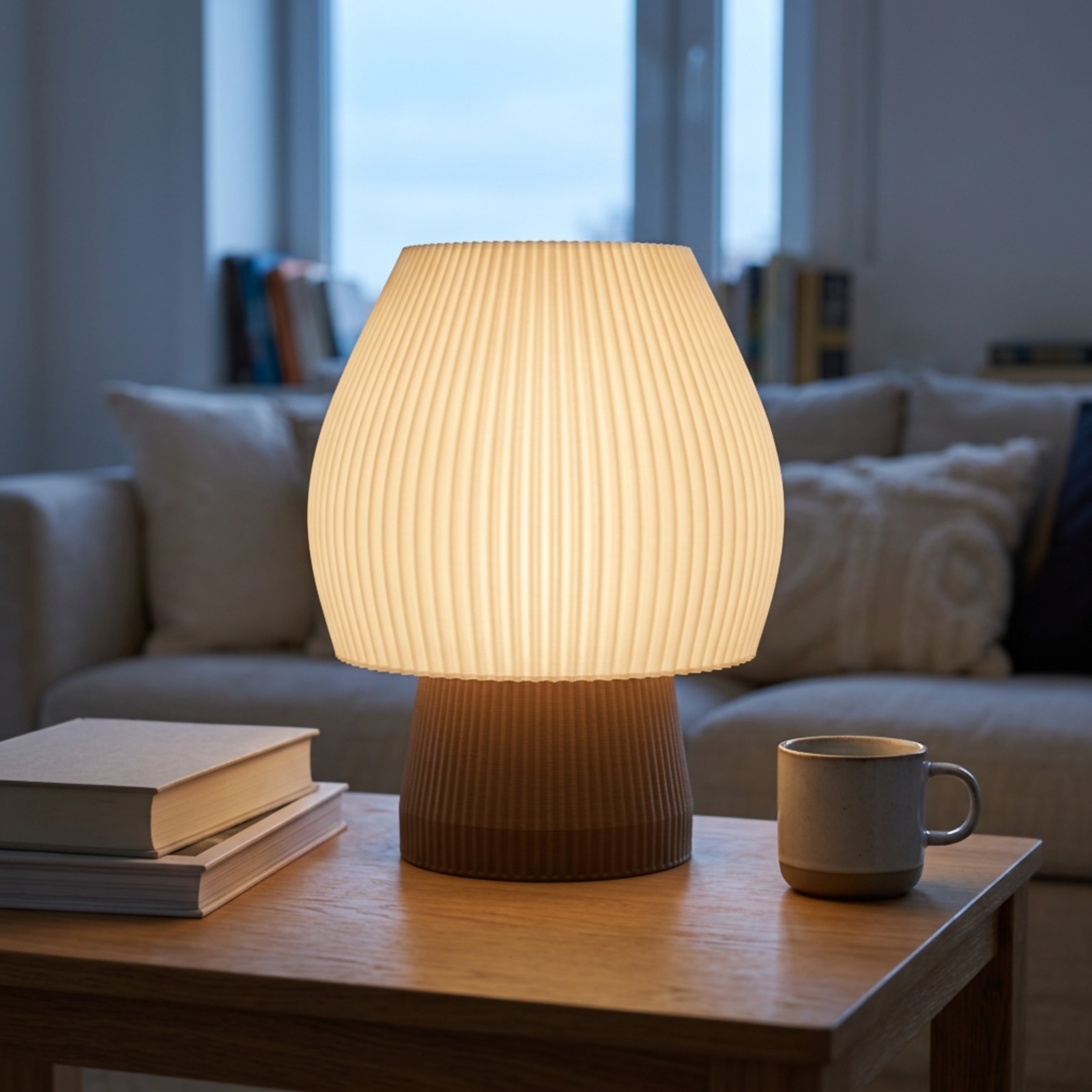 Luminária de mesa com cúpula texturizada em sala de estar