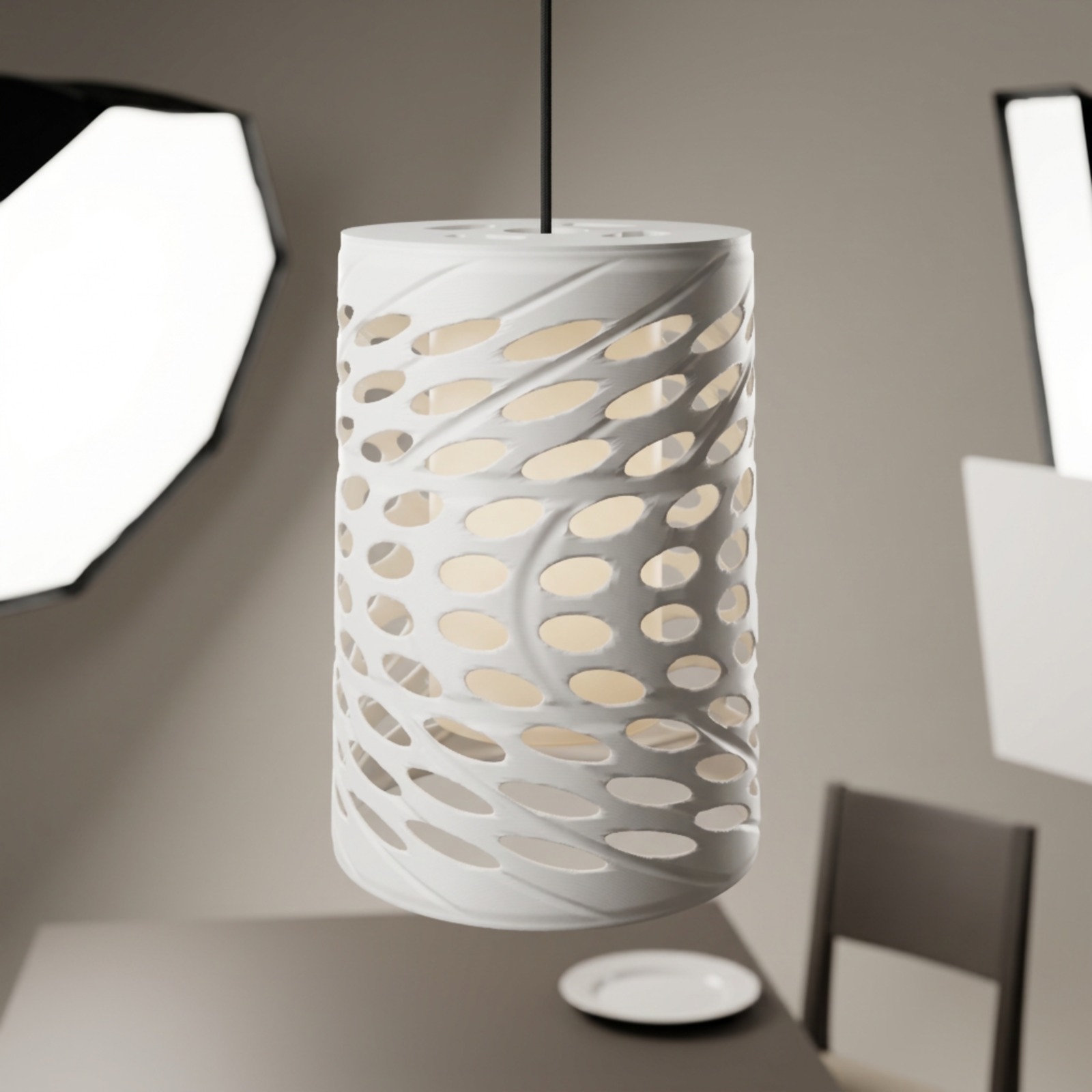 Pendente branco vazado impresso em 3D sobre mesa de jantar